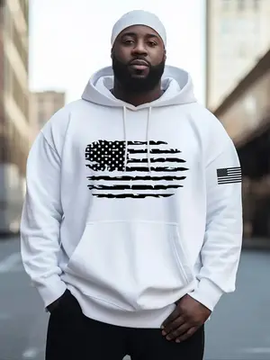 ćPlus Sizeć American Flag Print Drop Shoulder Hoodie, Fashion Casual Regular Fit Drawstring Pocket Hooded Sweatshirt for ...