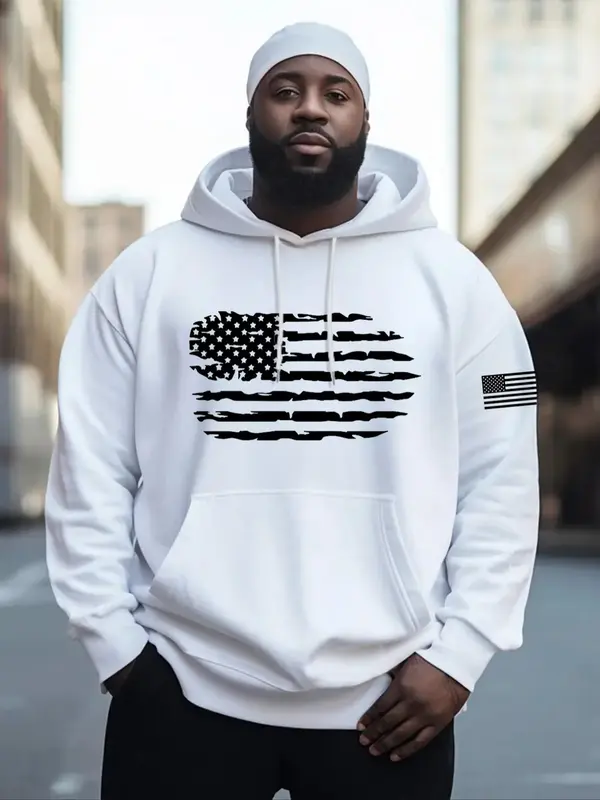 【Plus Size】 American Flag Print Drop Shoulder Hoodie, Fashion Casual Regular Fit Drawstring Pocket Hooded Sweatshirt for ...