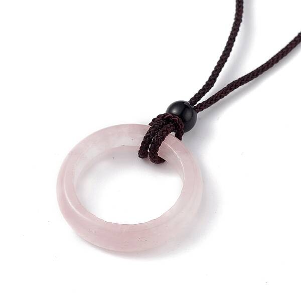 Natural Rose Quartz Ring Pendant Necklace with Nylon Cord for Women