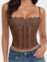 Women's Solid Color Floral Lace Bustier Corset Top, Fashionable Comfortable Adjustable Spaghetti Strap Hook & Eye Shapewear T...