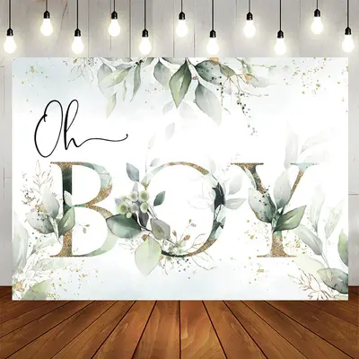 Aperturee Oh Boy Green Leaves Gold Boho Baby Shower Backdrop
