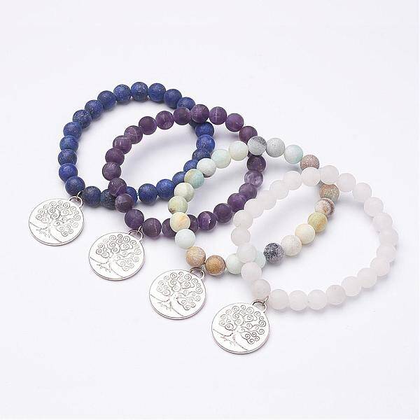 Frosted Natural Gemstone Beaded Charm Bracelets