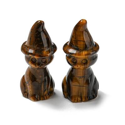 Natural Tiger Eye Carved Healing Cat with Witch Hat Figurines