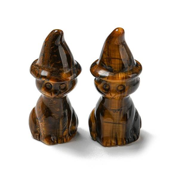 Natural Tiger Eye Carved Healing Cat with Witch Hat Figurines