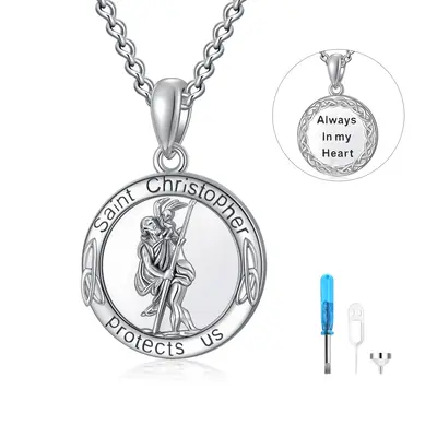 Sterling Silver Saint Christopher & Celtic Knot Urn Necklace For Ashes With Engraved Word For Men