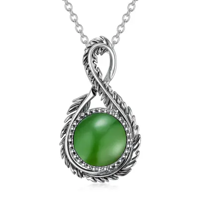 Sterling Silver Circular Shaped Jade Feather & Infinity Symbol Pendant Necklace
