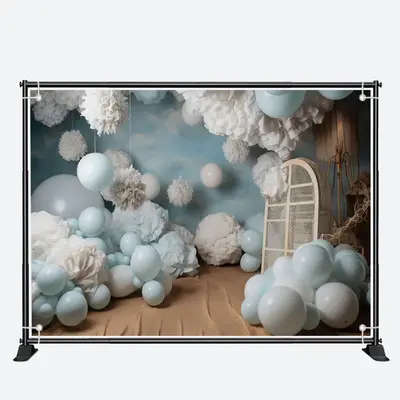 Blue Balloons White Velvet Flower Birthday Backdrop - Aperturee