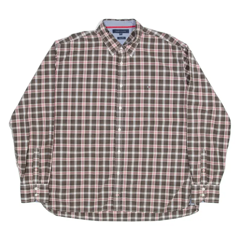 TOMMY HILFIGER Custom Fit Mens Shirt Brown Check Long Sleeve 2XL