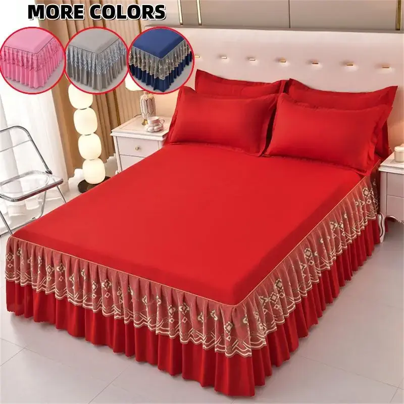 Solid Color Lace Edge Design Bed Skirt & Pillowcase Set (3 Counts/set), Elegant Style Bed Skirt & Pillowcase Set, Soft Comfy ...