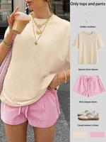Two-piece Set Women's Solid Color Shortsleeve Tee & Striped Print Shorts, Casual Round Neck Short Sleeve T-shirt & Drawstring...