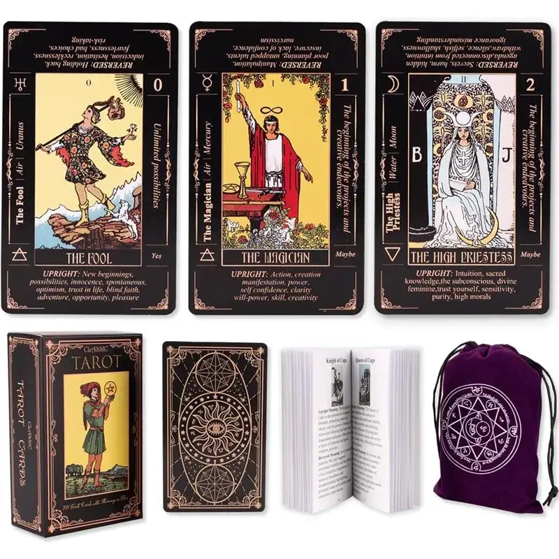 Tarot Cards for Beginners, Classic Tarot Cards with Meanings on Them, Durable Tarot Cards with Guide Book for Beginners (Blac...