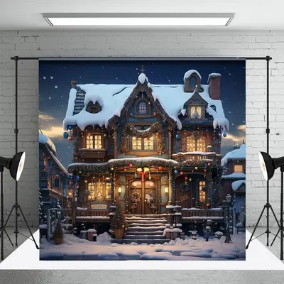 Snowy House Dark Night Winter Christmas Backdrop