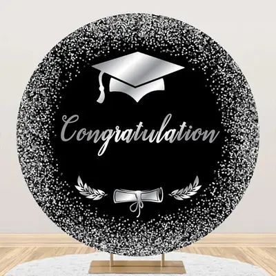 Black Silver Bachelor Cap Round Graduation Backdrop - Aperturee