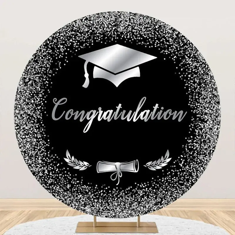 Black Silver Bachelor Cap Round Graduation Backdrop - Aperturee