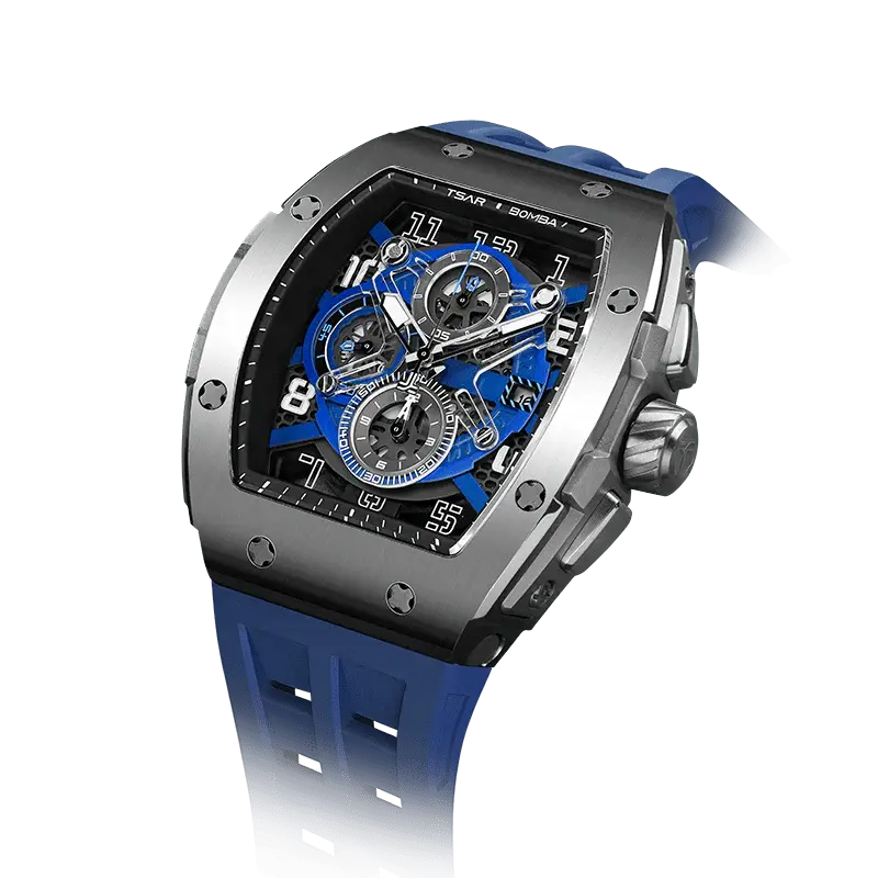 TSAR BOMBA Men's Luxury Quartz Chronograph Watch | Silver Blue | Tonneau Stainless Steel Case | Sapphire Glass | 50M Waterpro...