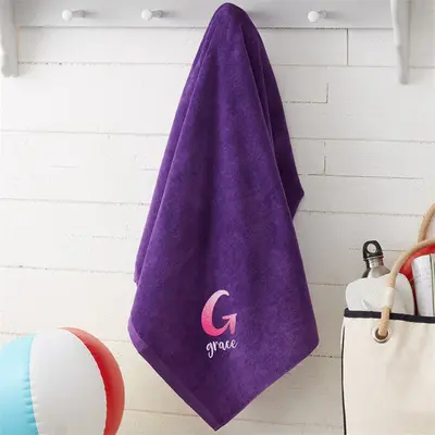 Purple Embroidered Ombre Initial Beach Towel - Aperturee
