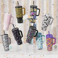 40oz Patterned Straw Handle Cup, 1 Count Multi-grid Ice Cube & Leak-proof Cup Lid with Silicone Handle, Insulated Wide Mout...
