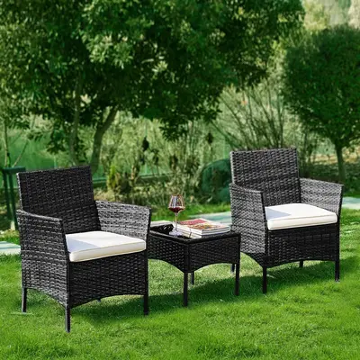 Patio Furniture Set 3 Pieces, Outdoor Furniture with Soft Cushion and Glass Table, All Weather Manual Weaving Wicker Rattan P...