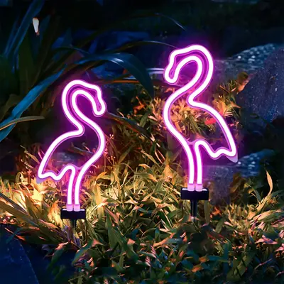 Solar Solar Neon Flamingo Garden Light, Waterproof Outdoor Pathway Lamp, Neon Flamingo Lighting For Garden Yard Lawn Park San...