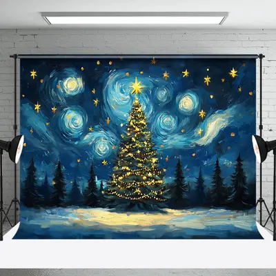 Abstract Blue Starry Sky Xmas Tree Christmas Backdrop - Aperturee