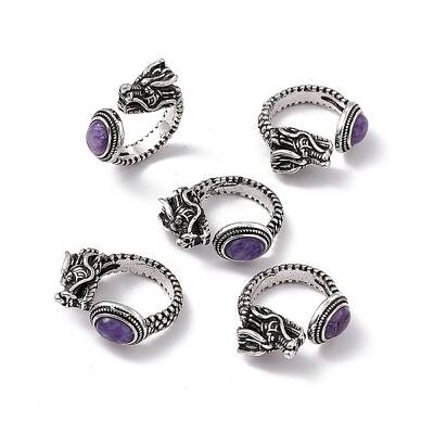 Dragon Head Natural Charoite Cuff Rings