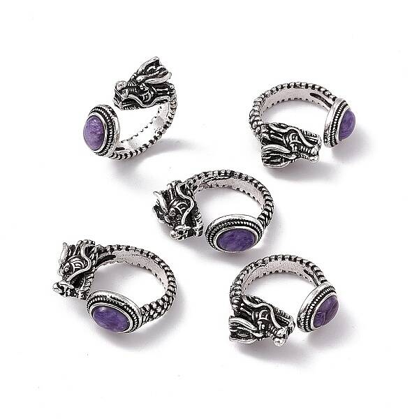 Dragon Head Natural Charoite Cuff Rings