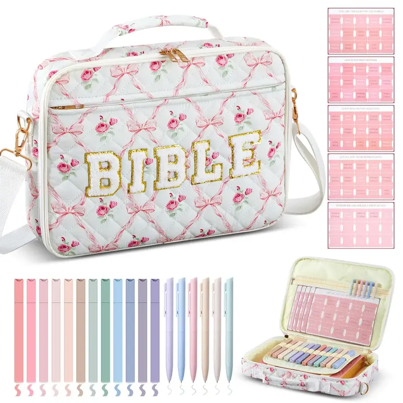 Quilted Bible Bag for Women, 12x9x2.5In Large Capacity Bible Chenille Letter Bible Case with Shoulder Strap and Pink Bow Patt...