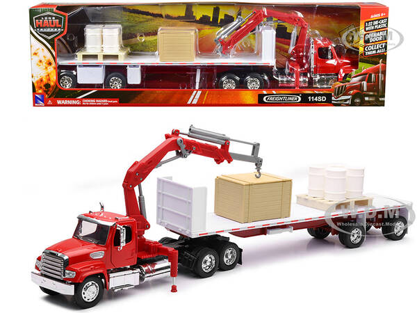 Freightliner 114SD Flatbed Truck with Crane Red with Accessories \