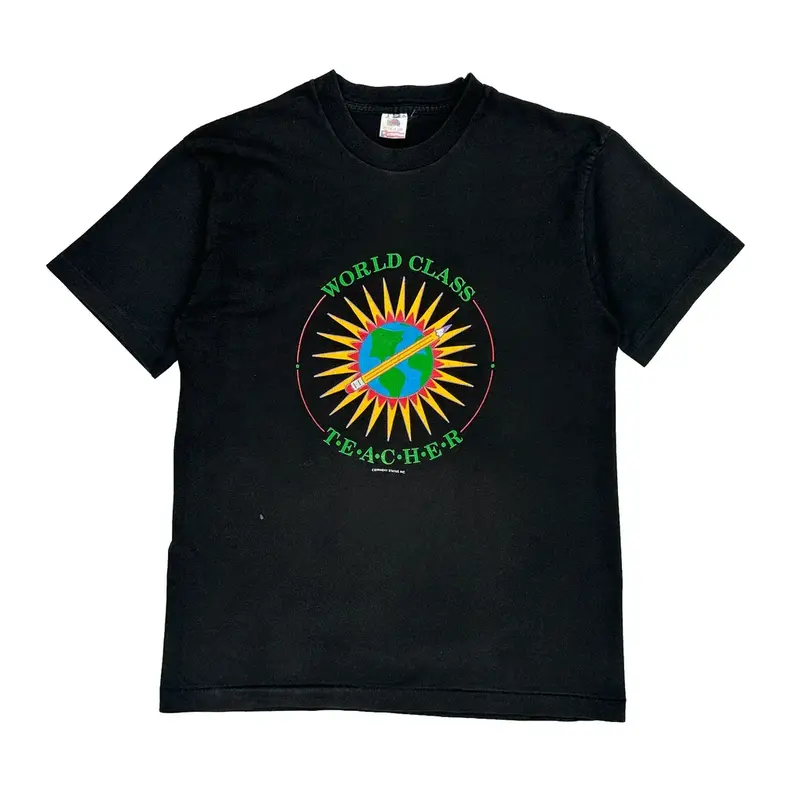 Single Stitch World Class Teacher Fruit Of The Loom Graphic T-Shirt - Large Black Cotton