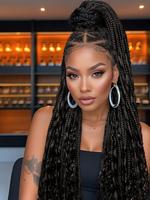 32 Inch Black Long Braided Lace Wigs for Women, Glueless Wigs, Gorgeous Fluffy Wigs with Baby Hair Bangs, Synthetic Braided L...