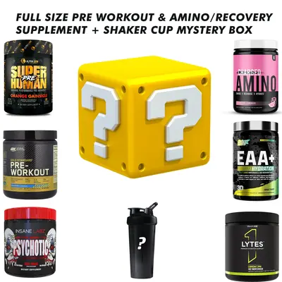 Supplement Mystery Box - 2 Full Size Products + Shaker Cup (Pre-Workout + Amino or Hydration) Fitness Supplement Gift Box