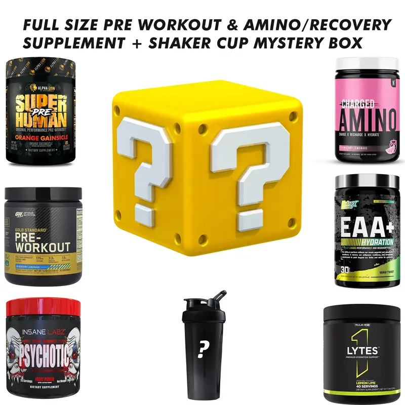 Supplement Mystery Box - 2 Full Size Products + Shaker Cup (Pre-Workout + Amino or Hydration) Fitness Supplement Gift Box