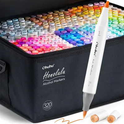 Ohuhu Honolulu 320-Color Refillable Alcohol Markers – Double Tips, Brush & Chisel Tips, Perfect for Artists, Coloring, & Il...