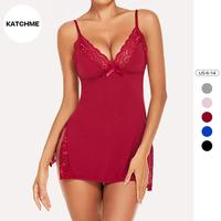 KatchMe Women's Sexy Satiny Solid Color Spaghetti Strap Lace Slit Bow Front Soft Nightdress