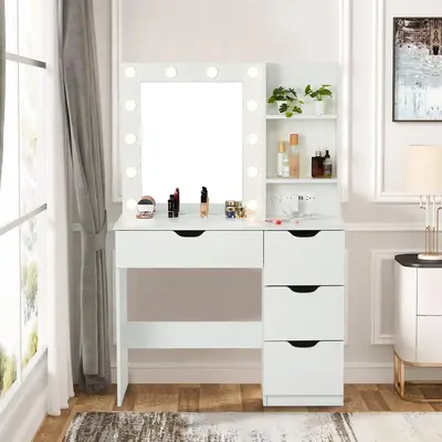 Garvee Makeup Vanity Desk with Lights, Vanity Desk with Mirror & Lights, Vanity Table with Charging Station, 4 Drawers, 3 Lig...