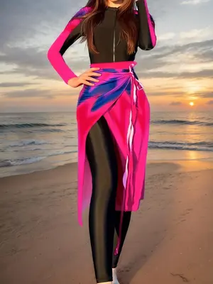 Women's Fashionable Islamic Swimwear Set, High Stretch Modest Long Sleeve Zip Up One-piece Swimsuit & Cover Up Skirt & Skinny...
