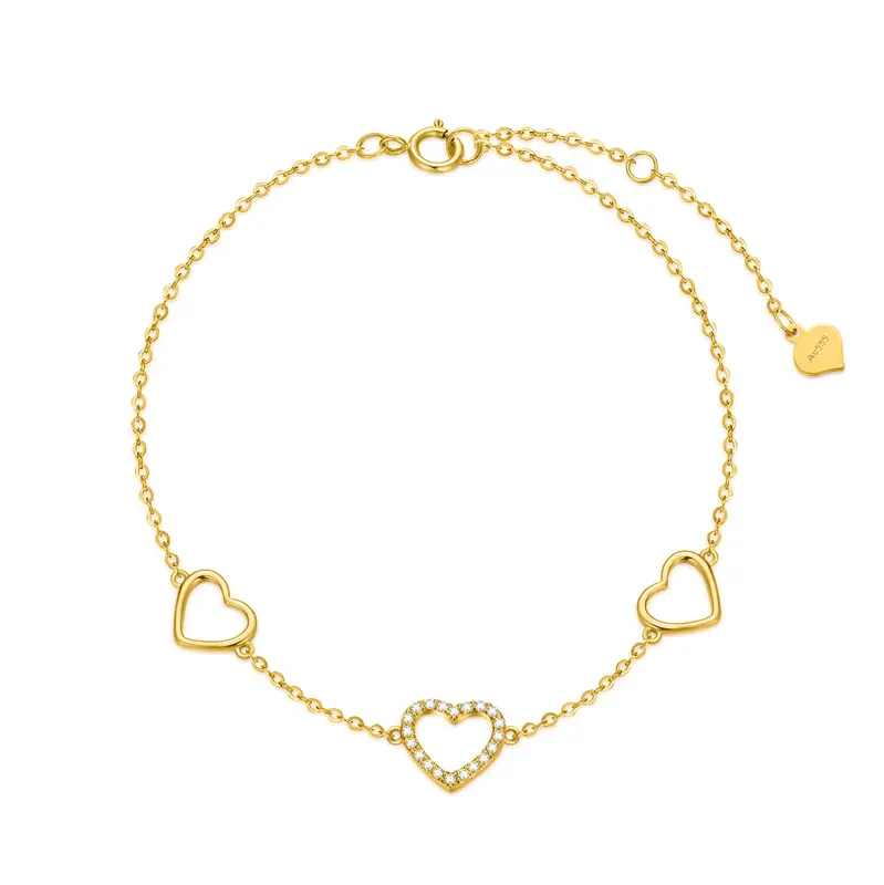 14K Gold Circular Shaped Cubic Zirconia Heart Single Layer Anklet