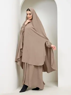 Two-Piece Set Women's Solid Ruched Drop Shoulder Arabian Dress & Hijab Set, Elegant Long Sleeve Round Neck Muslim Set for Da...