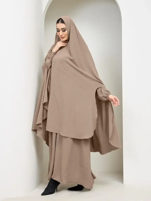 Two-Piece Set Women's Solid Ruched Drop Shoulder Arabian Dress & Hijab Set, Elegant Long Sleeve Round Neck Muslim Set for Da...