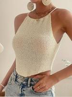 Women's Plain Cut Out Backless Knit Top, Boho Sleeveless Tie Back Knit Top for Summer, Fashion Women's Knitwear for Daily Wea...