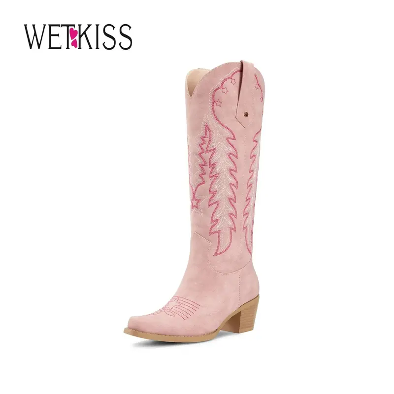 Wetkiss Cowboy Cowgirl Women Knee High  Boots Retro Embroidered Chunky Heels Pointed Toe Western Long Tall Boot Pull On Footw...