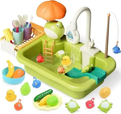 Cute Stone Sink Toys with Upgraded Electric Faucet Pool Floating Fishing Toys for Water Kitchen Set Toys Portable Durable ABS...