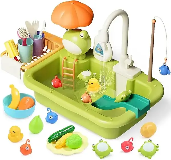 Cute Stone Sink Toys with Upgraded Electric Faucet Pool Floating Fishing Toys for Water Kitchen Set Toys Portable Durable ABS...