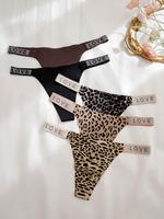 Women's Leopard & Letter Print Rhinestone Decor Thong, Soft Comfy Breathable Drop Waist Panty, Underwear for Women, Summer Cl...