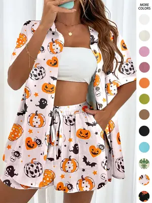 Two-piece Set Women's Solid Button Front Shirt & Drawstring Waist Shorts Two Piece Set, Casual Short Sleeve Top & High Waist ...