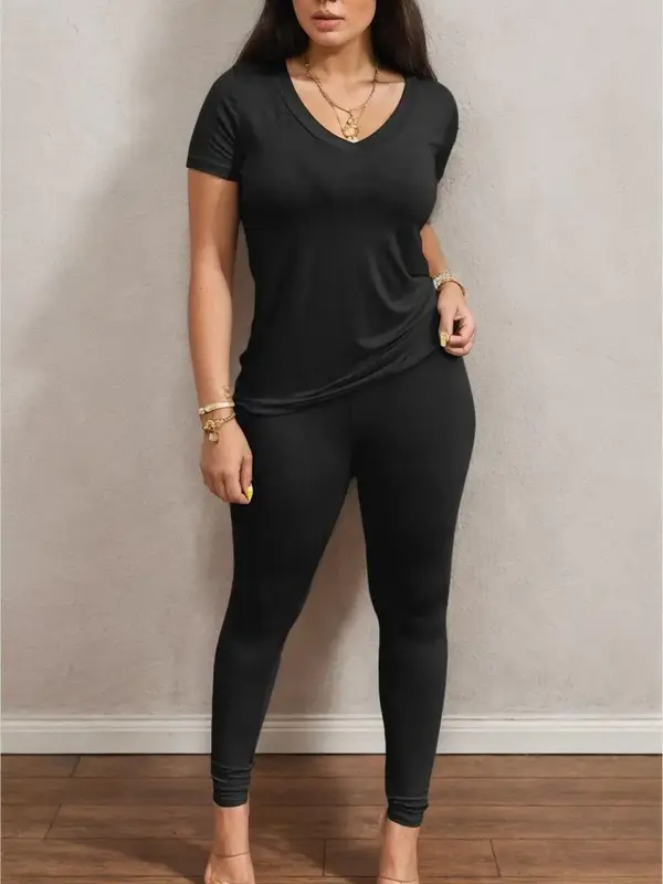 Two-Piece Set Women's Solid Skinny Pants Two-piece Set, Casual Short Sleeve Tee & High Waist Leggings, Fall Clothes, Women'...