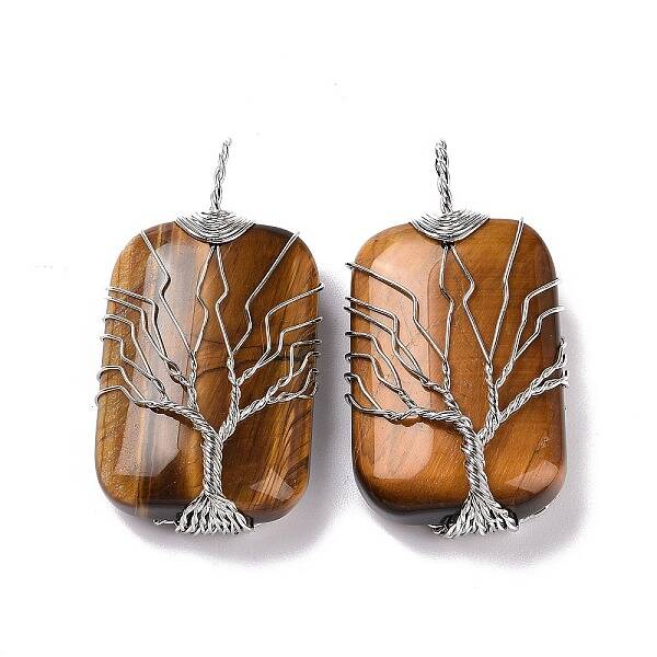 Natural Tiger Eye Copper Wire Wrapped Pendants
