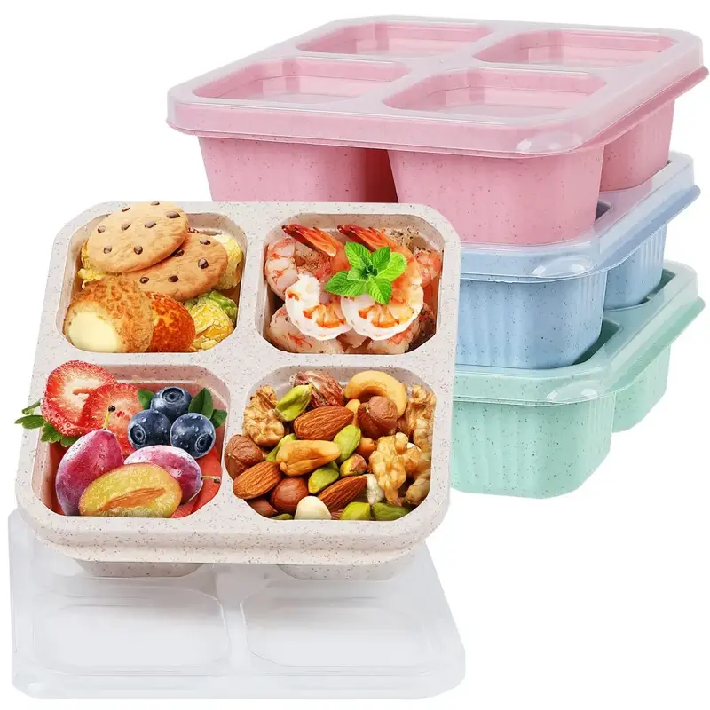 4 Pack Bento Snack Containers Set, Candy Dried Fruit Bento Snack Box, 4 Compartment Food Storage Containers Wheat Straw Meal ...