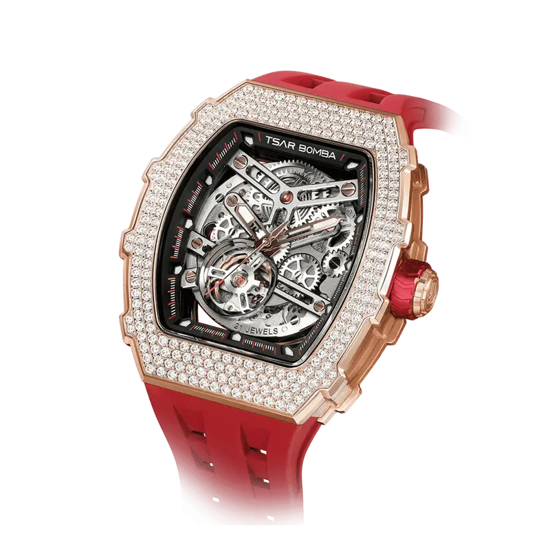 TSAR BOMBA Men's Automatic Watch | Red | Elemental TB8208D | High-Tech Ceramic Bezel | Japanese Mechanical Skeleton Movement ...
