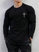 Men's Regular Fit Cross Print Round Neck Long Sleeve Tee, Crew Neck T-Shirt For All Seasons, Casual Men's Top For Daily Wear